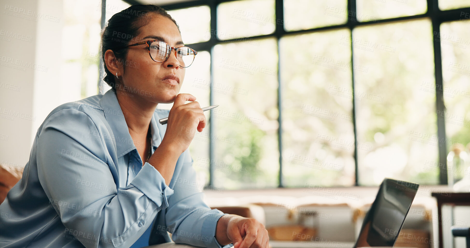 Buy stock photo Remote work, thinking and woman on sofa for editing report, article review and online submission. Freelancer, home and person on computer for story research, inspiration and planning for copywriting