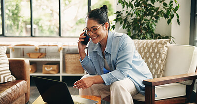 Buy stock photo Laptop, woman and happy with phone call in home for source interview, witness info or remote work. Freelance journalist, mature person and mobile discussion with tech for story follow up and feedback