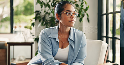Buy stock photo Home, thinking and woman in lounge, reflection for memory and weekend nostalgia. Apartment, window and person on chair, relax and contemplation for future, thoughtful and remember past in living room