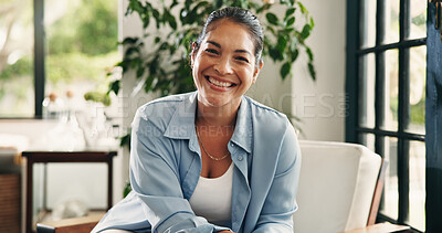 Buy stock photo Smile, relax and portrait of woman on sofa of home for peace, confidence and wellness. Happiness, pride and weekend break with mature person in living room of apartment for calm, free time and rest