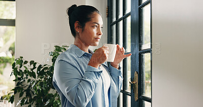 Buy stock photo Serious, woman and thinking with coffee, home and planning for decision with caffeine or thoughtful. Morning, reflection and person with hot beverage on break, remember and wonder with tea in house