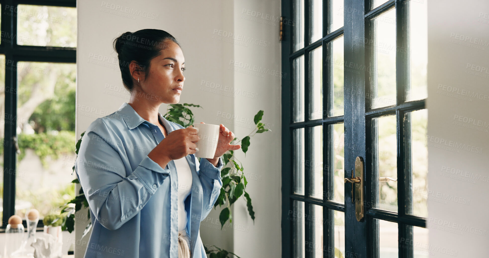 Buy stock photo Serious, woman and thinking with coffee, window and decision with caffeine, calm or remember in home. Morning, reflection and person with hot beverage on break, memory and wonder with tea in house