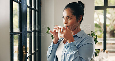 Buy stock photo Happy, woman and thinking with coffee, window and decision with caffeine, calm and remember in home. Morning, reflection and person with hot beverage on break, memory and wonder with tea in house