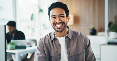 Buy stock photo Business, man and happy with portrait in office for news reporting, creative internship or about us. Coworking, journalist and intern at publishing agency for career opportunity, copywriting or media