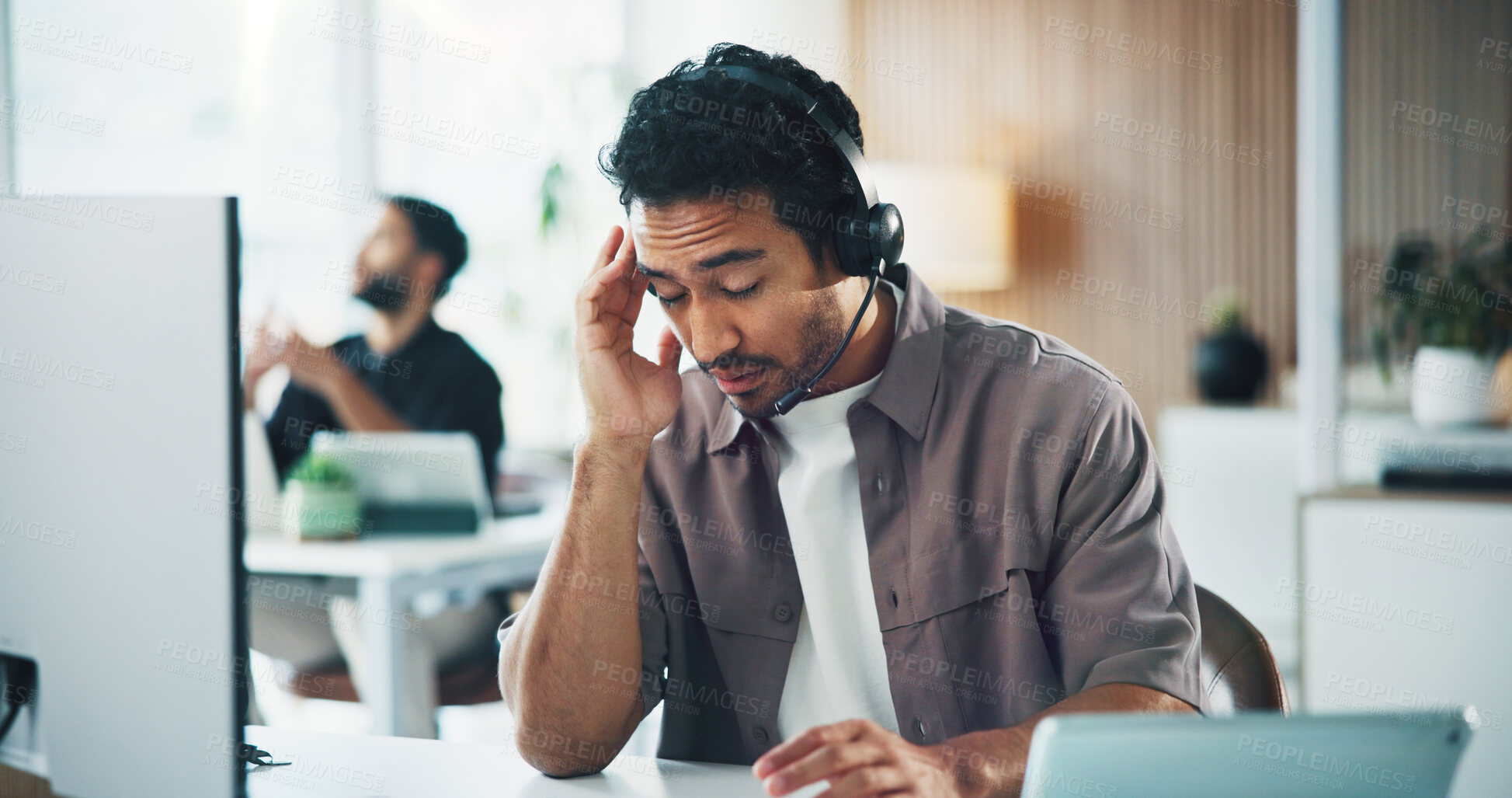 Buy stock photo Stress, headache and call center agent in office with fatigue, burnout or frustration for crm helpdesk. Mistake, tired and male technical support consultant with migraine for error with service.