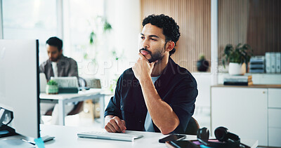 Buy stock photo Man, computer and thinking at office with review, insight and decision for tech support at IT agency. Person, consultant and perspective with feedback, notes and project at information technology job