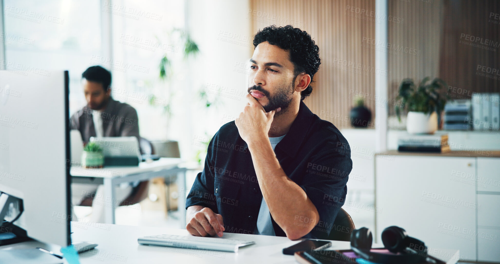 Buy stock photo Man, computer and thinking at office with review, insight and decision for tech support at IT agency. Person, consultant and perspective with feedback, notes and project at information technology job