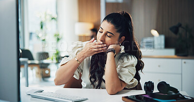 Buy stock photo Yawning, employee and woman with computer, office or journalist with article, creative and exhausted. Newsroom, burnout and person with low energy for story submission, online and sleepy on table
