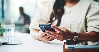 Buy stock photo Hands, business and woman in office, smartphone for social media and email for manuscript. Publication agency, person or journalist in workplace, creative project and cellphone for online news report
