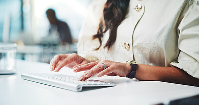 Buy stock photo Woman, hands and typing with keyboard for business planning, schedule or email in office. Closeup, female person or journalist with technology for communication, online story or article in workplace