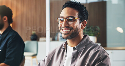Buy stock photo Business, man and reading on computer in office for real estate, property research and web listing. Smile, realtor and glasses reflection of pc, viewing agenda and information on resale opportunity
