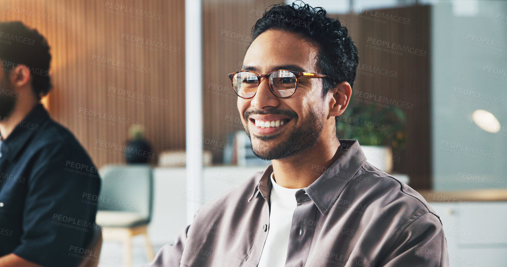 Buy stock photo Business, man and reading on computer in office for real estate, property research and web listing. Smile, realtor and glasses reflection of pc, viewing agenda and information on resale opportunity
