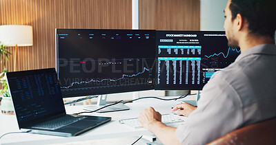 Buy stock photo Statistics, screen and businessman on tech with finance graph for stock market, trends and trading. Office, fintech and person on computer with chart for financial research, investment and insight