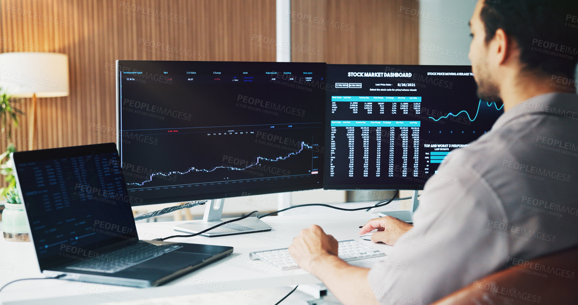 Buy stock photo Statistics, screen and businessman on tech with finance graph for stock market, trends and trading. Office, fintech and person on computer with chart for financial research, investment and insight