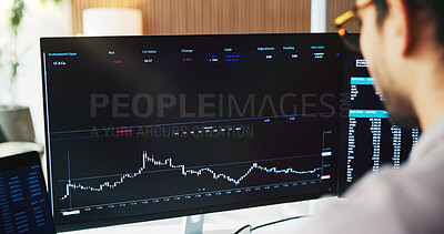 Buy stock photo Graph, computer screen and business man with finance chart for stock market, growth and trading. Office, fintech and person on pc with statistics for financial research, investment or risk assessment