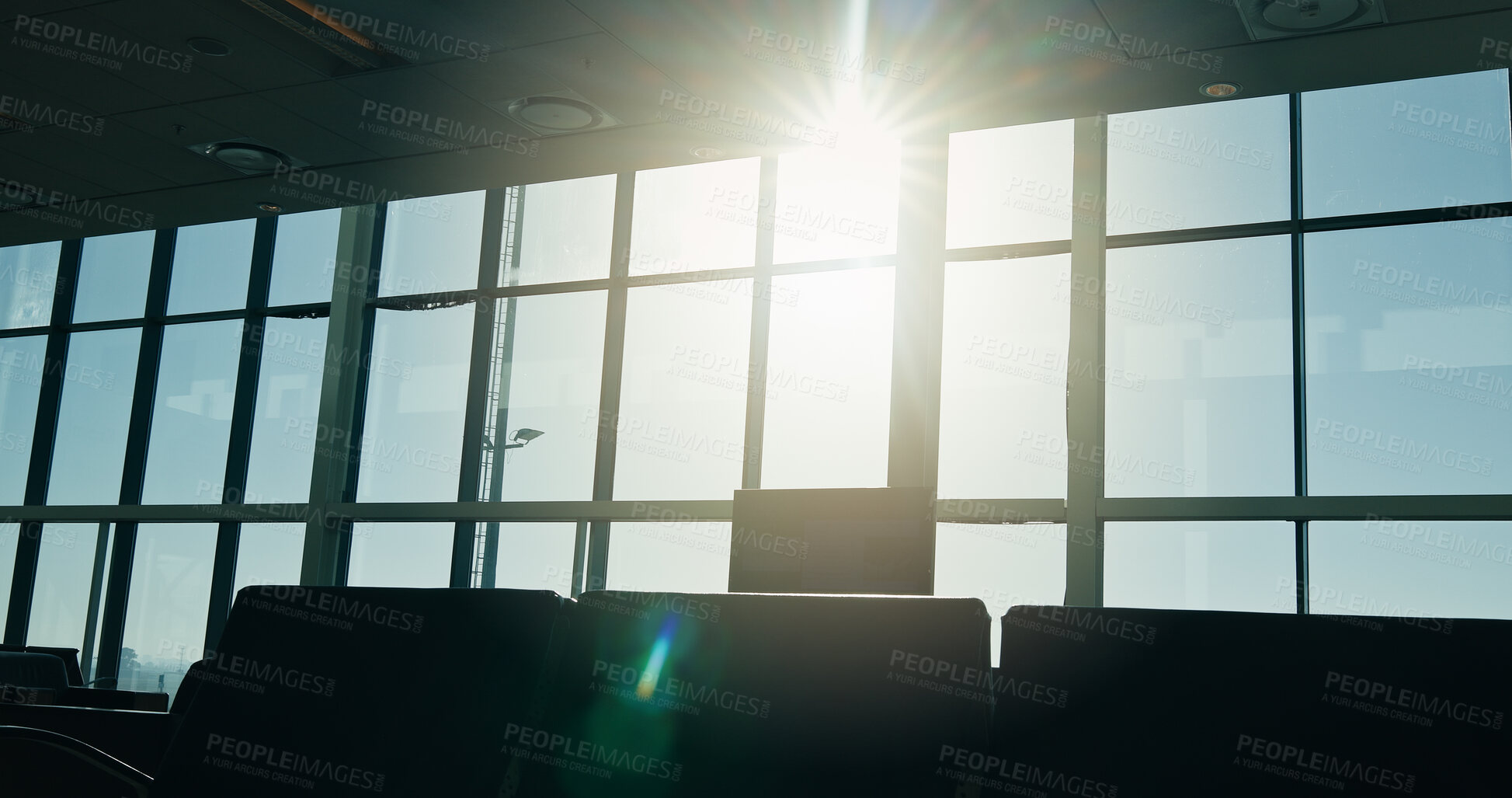 Buy stock photo Window, airport and empty terminal for travel with flare, furniture and lobby for global transport services. Room, hallway and seats for trip, immigration or boarding with international airline