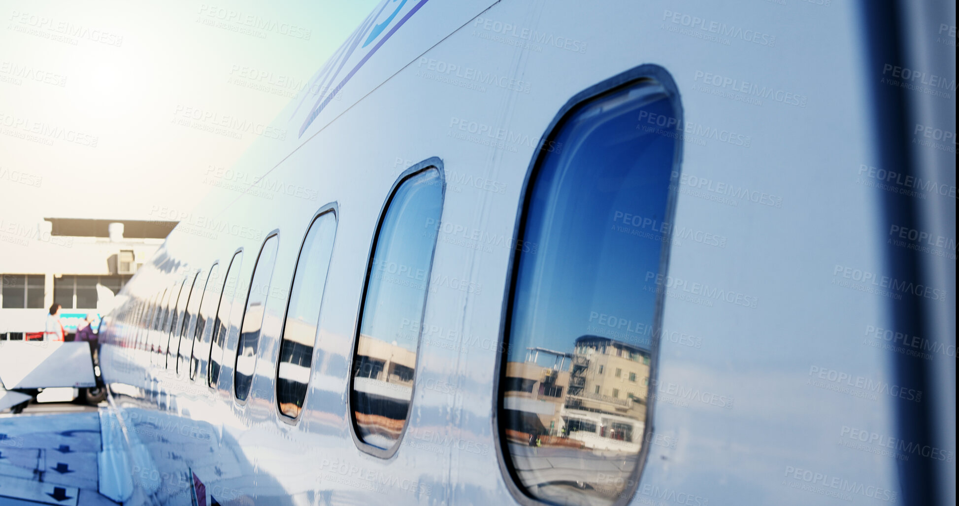 Buy stock photo Airplane, windows and outdoor at airport for travel with flying, transportation services or global journey. Plane, glass and commercial airline for international trip, flight or boarding on runway