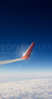 Buy stock photo Airplane, wing and flying for travel with blue sky, transportation service and international journey. Vehicle, plane and commercial airline with global trip, flight and clouds on horizon with space