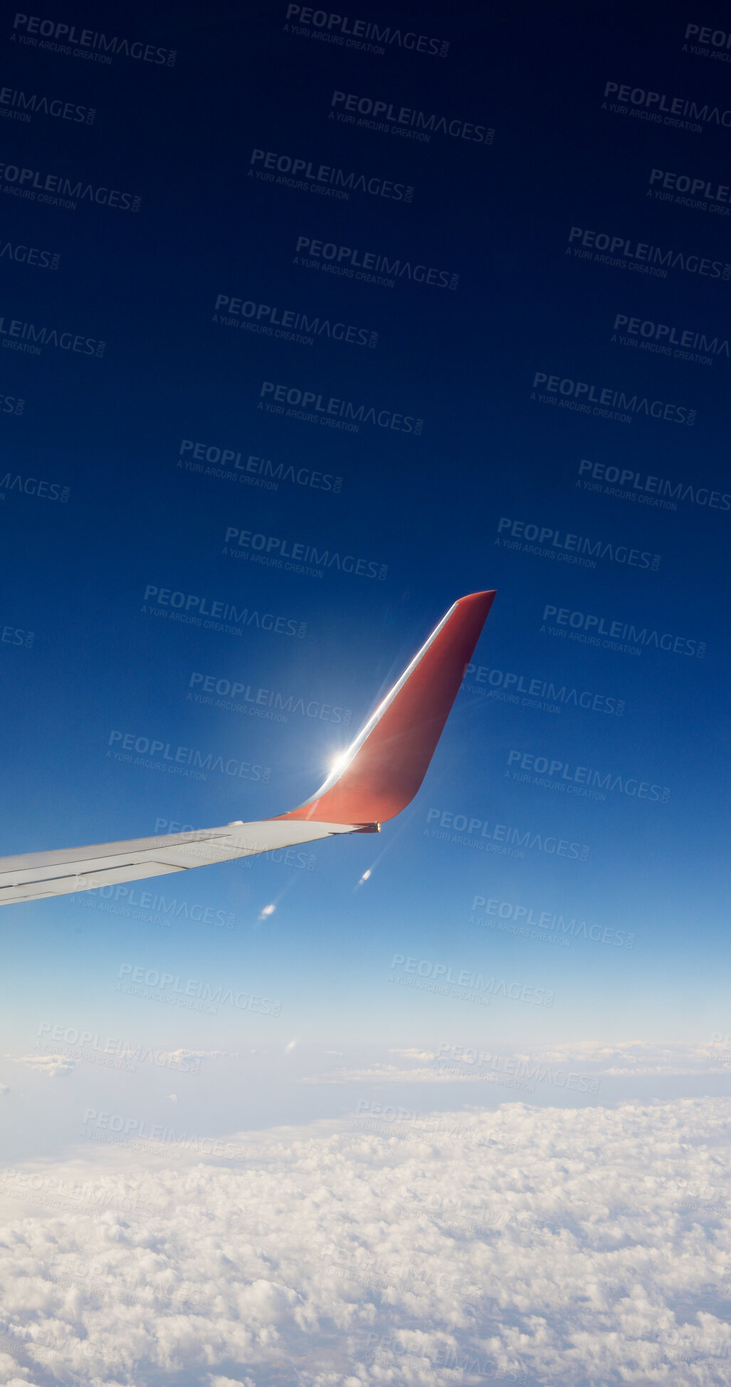 Buy stock photo Airplane, wing and flying for travel with blue sky, transportation service and international journey. Vehicle, plane and commercial airline with global trip, flight and clouds on horizon with space