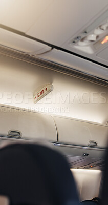 Buy stock photo Airplane, cabin and exit sign for travel with safety for flying, transport services or global journey. Plane, symbol and icon on international trip, arrow or guide with airline flight for tourism