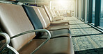 Window, airport and empty terminal with chairs with flare, furniture and lobby for global transport services. Room, hallway and seats for trip, immigration or boarding with international airline
