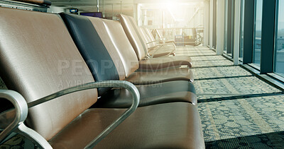 Buy stock photo Window, airport and empty terminal with chairs with flare, furniture and lobby for global transport services. Room, hallway and seats for trip, immigration or boarding with international airline