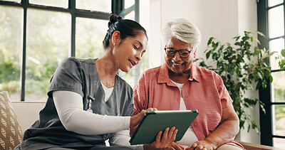 Buy stock photo Healthcare, tablet or talking with nurse and old woman in home living room for feedback or review. App, conversation or medical checkup with caregiver and senior patient in apartment for diagnosis