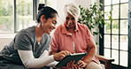 Healthcare, smile or tablet with nurse and old woman in home for test result feedback or review. App, medical or visit with caregiver and senior patient in assisted living facility for diagnosis