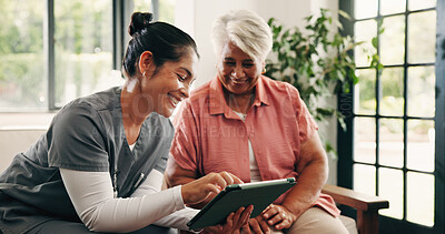 Buy stock photo Healthcare, smile or tablet with nurse and old woman in home for test result feedback or review. App, medical or visit with caregiver and senior patient in assisted living facility for diagnosis