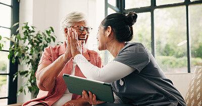 Buy stock photo High five, medical and tablet with nurse and old woman in home living room for success or support. App, healthcare or motivation with caregiver and senior patient in apartment for results celebration