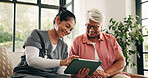 Feedback, healthcare or tablet with nurse and old woman talking in home living room for review. App, conversation or medical with caregiver and senior patient in apartment for checkup or diagnosis