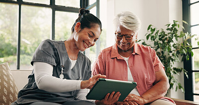 Buy stock photo Feedback, healthcare or tablet with nurse and old woman talking in home living room for review. App, conversation or medical with caregiver and senior patient in apartment for checkup or diagnosis