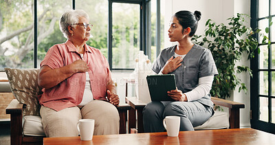 Buy stock photo Chest, healthcare or tablet with nurse and old woman in home living room for feedback or review. App, breathing or medical checkup with caregiver and senior patient in apartment for lung diagnosis