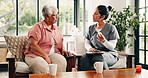 Old woman, caregiver and talk in nursing home with pills, clipboard and medical advice for health. Senior person, nurse and discussion in retirement center with medicine, prescription and checklist.