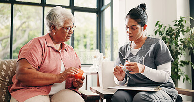 Buy stock photo Old woman, caregiver and talk in nursing home with prescription, clipboard and advice for medicine. Senior person, nurse and conversation in retirement center with pills, medical help and checklist.