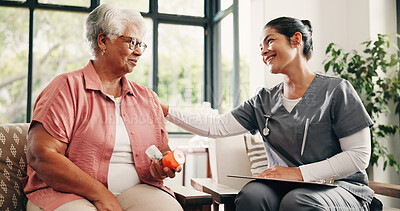 Buy stock photo Old woman, caregiver and smile in nursing home with pills, clipboard and medical advice for health. Senior person, nurse and discussion in retirement center with medicine, prescription and checklist.