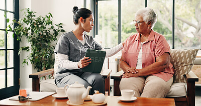 Buy stock photo Healthcare, tablet and senior woman with nurse in home living room for consulting, feedback or review. App, medical checkup and old patient speaking in apartment with caregiver, diagnosis or support