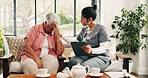Nurse, sad and old woman in house with clipboard, empathy and negative results in health consultation. Upset, elderly patient and caregiver with support, bad diagnosis or sympathy in retirement care.