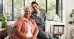 Caregiver, portrait and old woman in home with hug, trust and bonding together in assisted living. Happy, embrace and nurse in lounge with elderly patient, connection and support in retirement care.