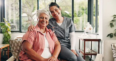 Buy stock photo Caregiver, portrait and old woman in home with hug, trust and bonding together in assisted living. Happy, embrace and nurse in lounge with elderly patient, connection and support in retirement care.