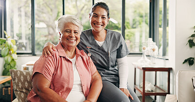 Buy stock photo Caregiver, portrait and old woman in lounge with hug, trust or bonding together in assisted living. Happy, elderly patient or nurse in house with embrace, connection and support in retirement care.