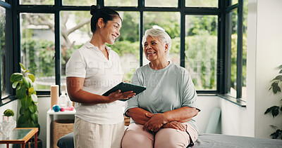 Buy stock photo Tablet, physiotherapist and senior woman in consultation, laugh or healthcare report in clinic. Tech, physical therapy and elderly patient with chiropractor for medical diagnosis, help or funny joke