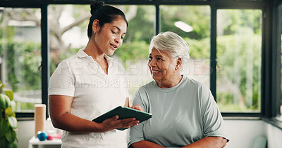 Buy stock photo Tablet, physiotherapy and elderly woman in consultation, healthcare report or smile in clinic. Tech, physical therapy or senior patient with chiropractor for medical diagnosis, help or rehabilitation
