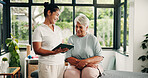 Tablet, physiotherapist and old woman in consultation, healthcare report or smile in clinic. Tech, physical therapy or senior patient with chiropractor for medical recovery, results or rehabilitation