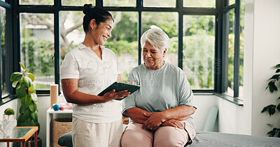 Buy stock photo Tablet, physiotherapist and old woman in consultation, healthcare report or smile in clinic. Tech, physical therapy or senior patient with chiropractor for medical recovery, results or rehabilitation