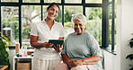 Tablet, physiotherapist and smile with old woman, healthcare or portrait together in clinic. Tech, physical therapy and senior patient with chiropractor for medical recovery, rehabilitation and happy