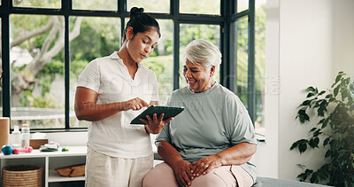 Buy stock photo Tablet, physiotherapist and old woman in consultation, medical results or smile in clinic. Tech, physical therapy or senior patient with chiropractor for healthcare recovery, report or retirement