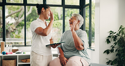 Buy stock photo Physiotherapy, tablet or old woman with high five in clinic, checkup or healing progress celebration. Laughing, tech or senior person with specialist for mobility recovery, rehab success or smile
