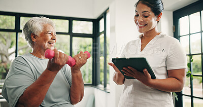 Buy stock photo Tablet, physiotherapist and old woman with dumbbells,  exercise or laugh in medical clinic. Tech, physical therapy and senior patient with weights for muscle rehabilitation, healing progress or funny