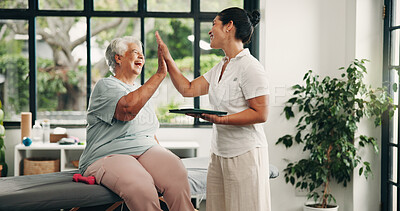 Buy stock photo Physical therapy, tablet or old woman with high five in clinic, checkup or healing progress celebration. Laughing, tech or senior person with specialist for mobility recovery, rehab success or smile